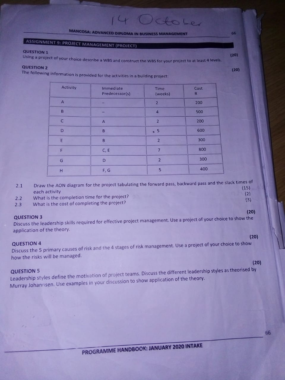 14 October MANCOSA: ADVANCED DIPLOMA IN BUSINESS