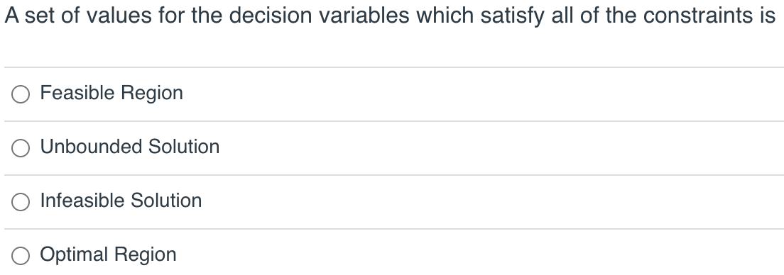 A set of values for the decision variables which