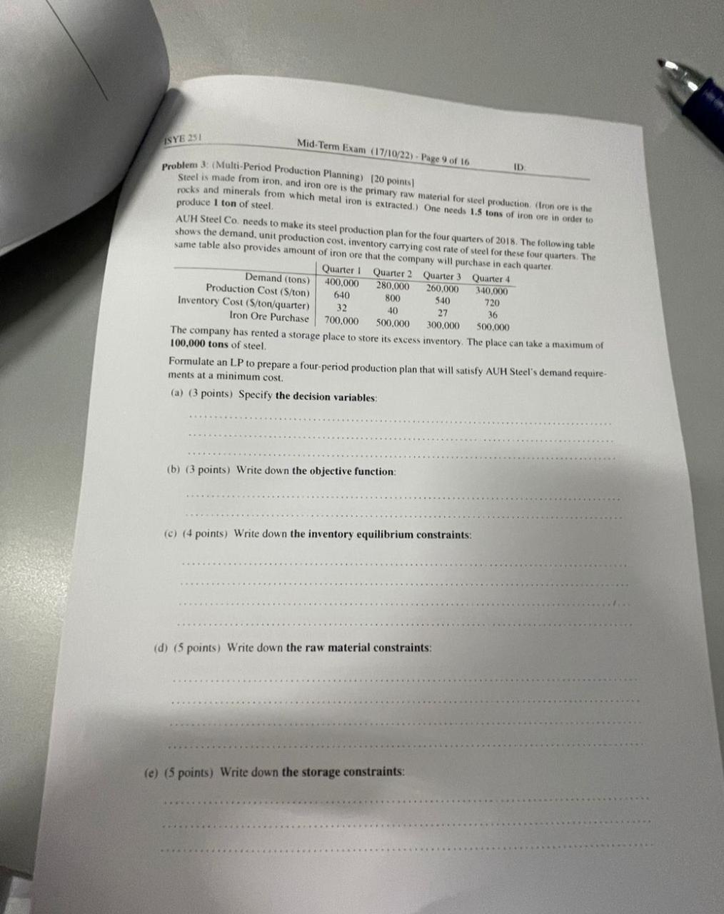 Problem 3: (Multi-Period Production Planning) [20