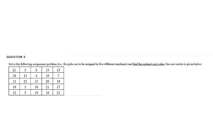 QUESTION 3 Solve the following assigament problen