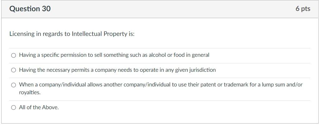 Licensing in regards to Intellectual Property is: