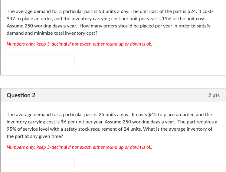 The average demand for a particular part is 53