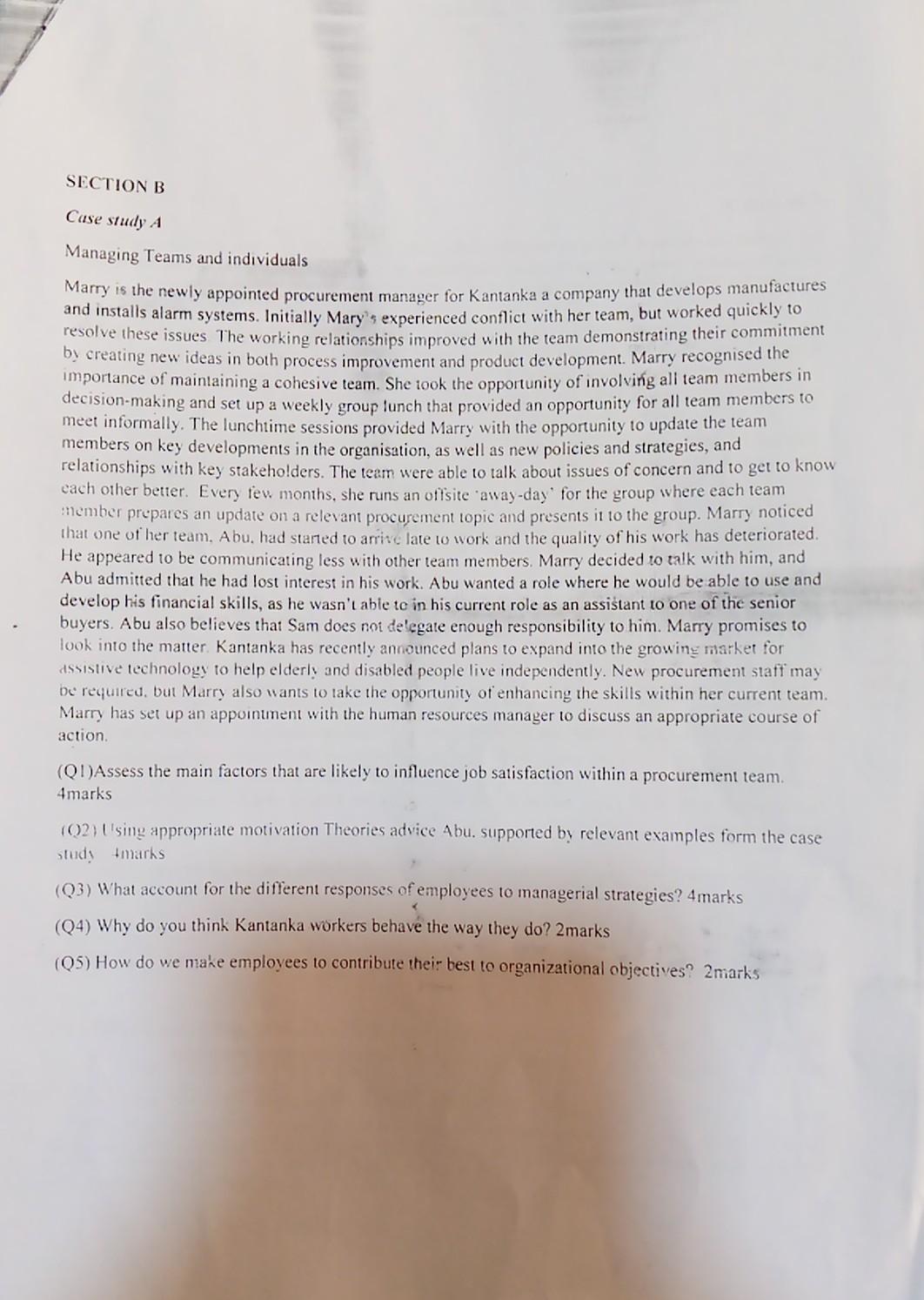 motivation theory SECTION B Case study A Managing