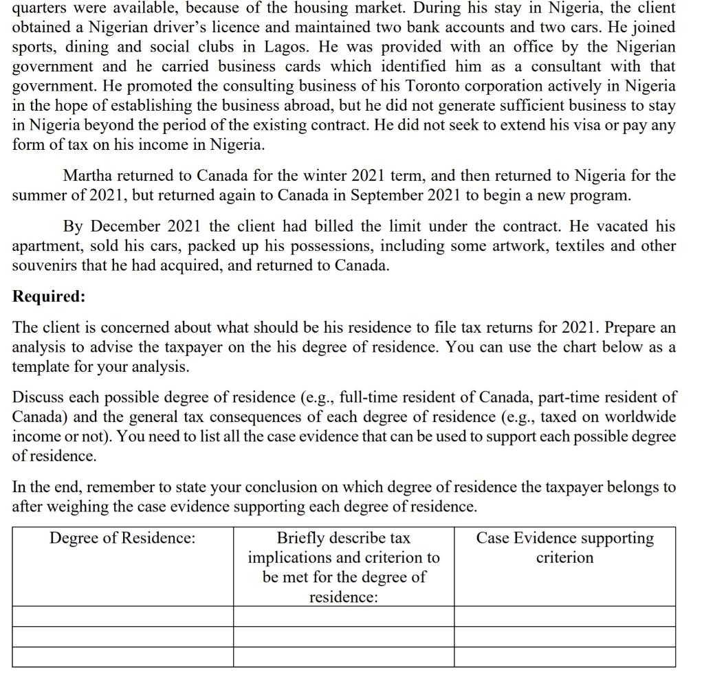 Problem 1 Individual Residency (30 points