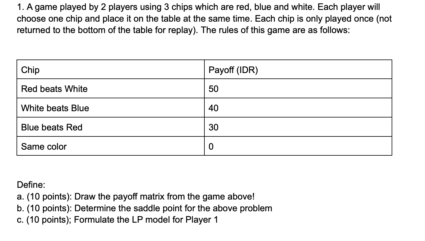 1. A game played by 2 players using 3 chips which