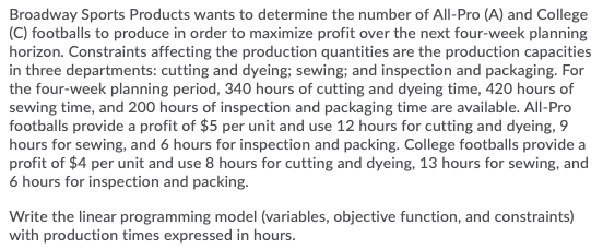 PLEASE HELP Broadway Sports Products wants to