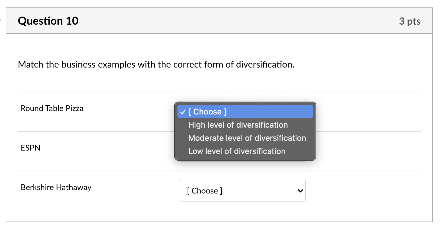question 10 - 3 pts - Match the business examples