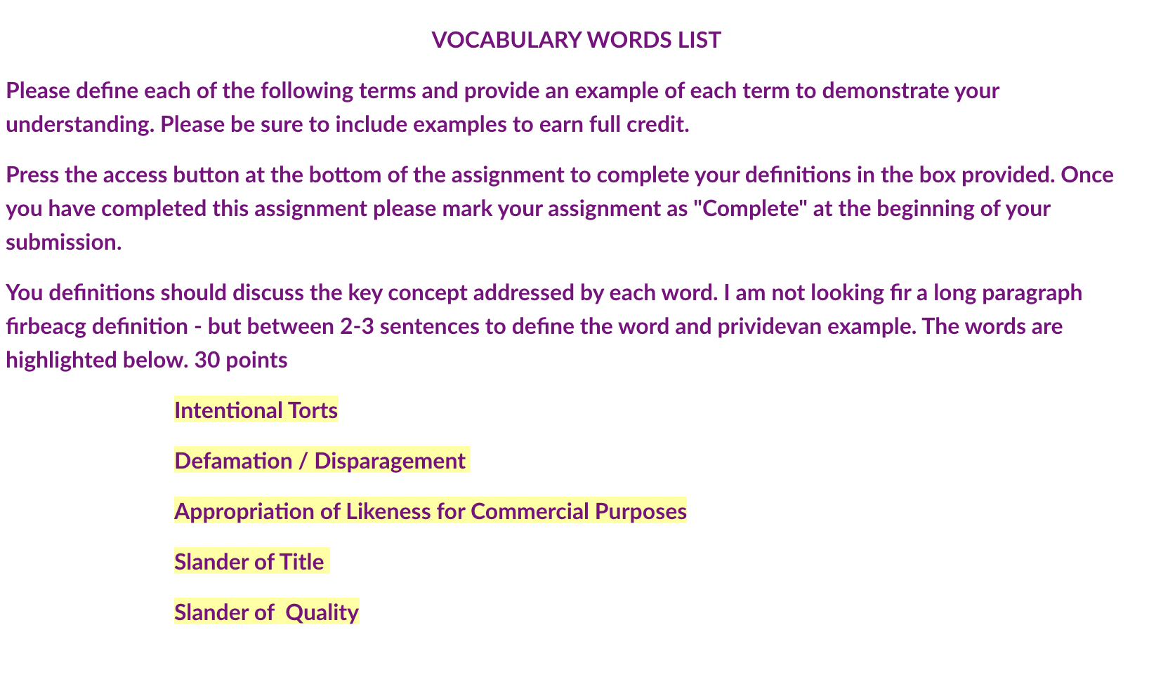VOCABULARY WORDS LIST Please define each of the
