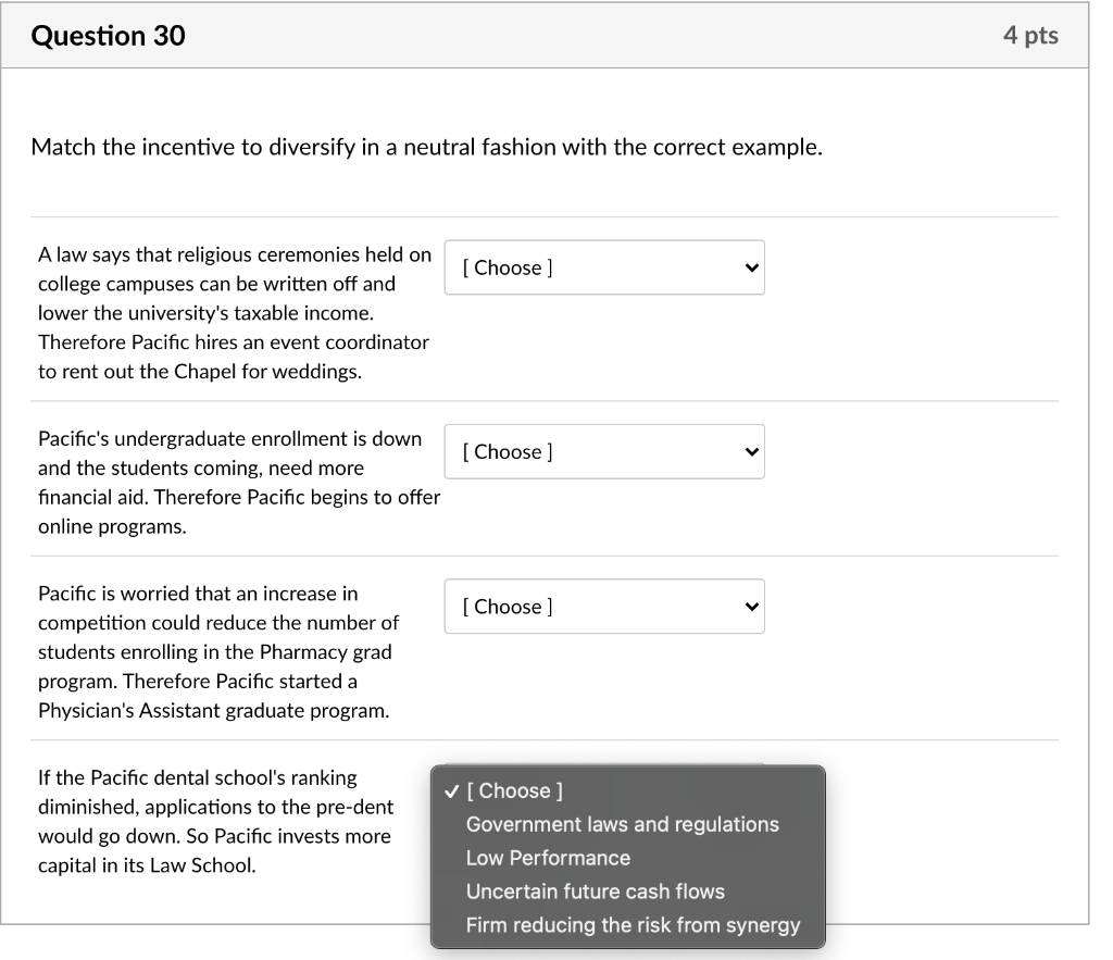 question 30 - 4 pts - Match the incentive to