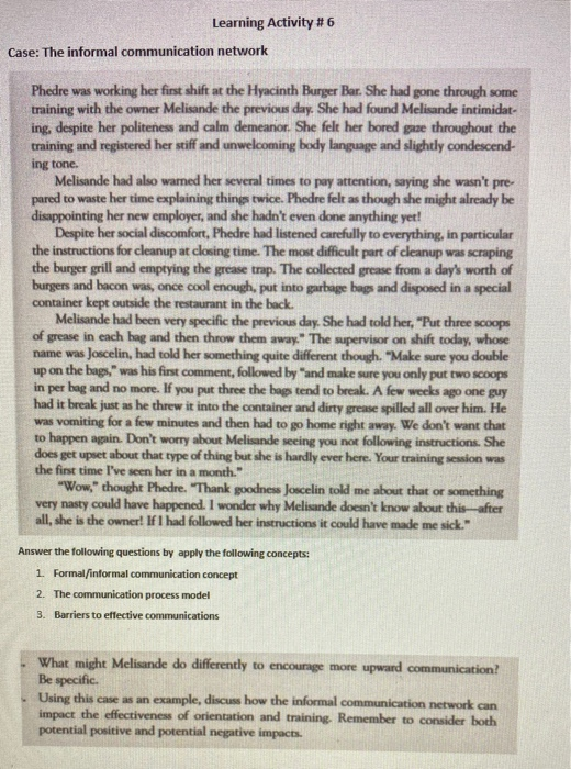 Learning Activity #6 Case: The informal