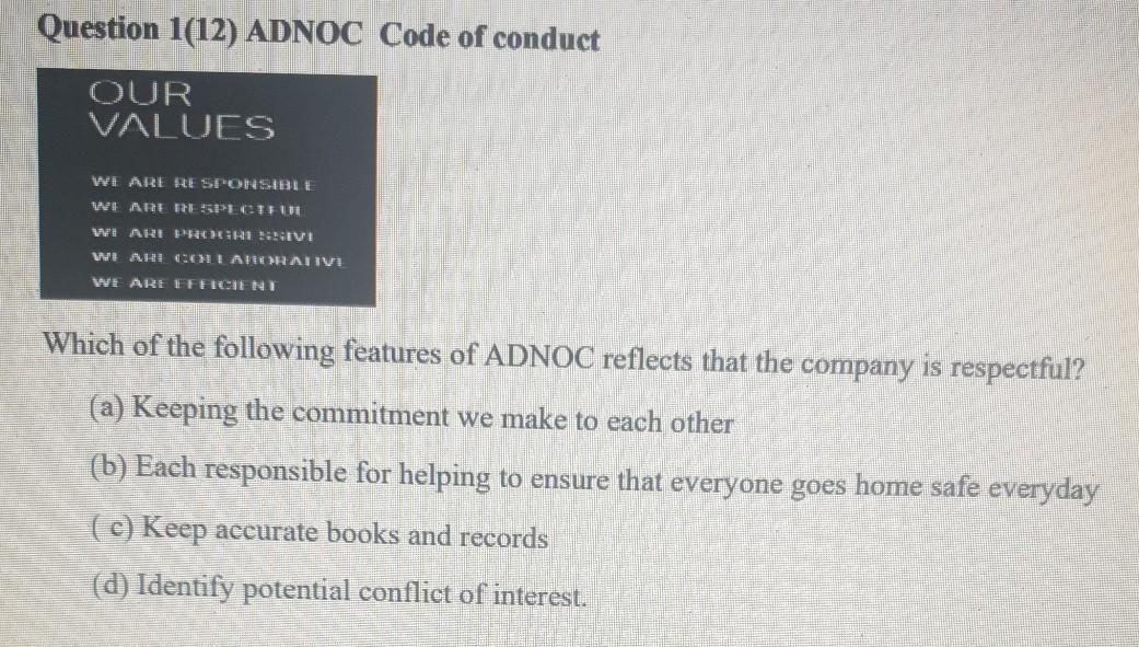 . Question 1(4) Question 1(12) ADNOC Code of