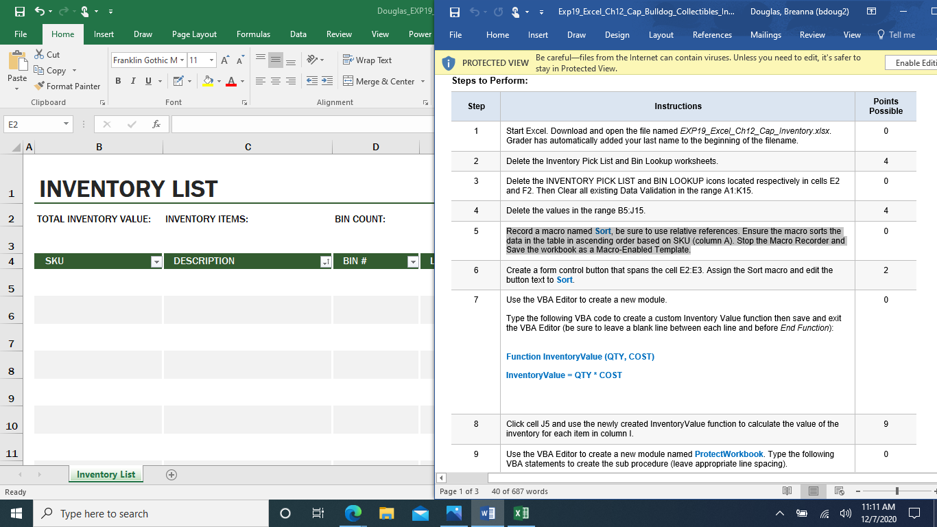 5 Record a macro named Sort, be sure to use