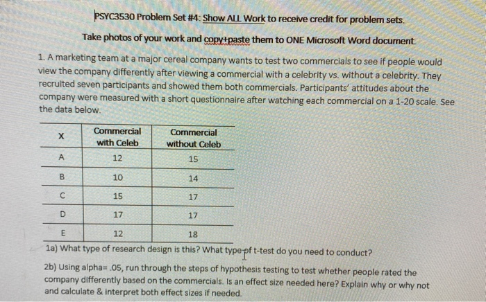 PSYC3530 Problem Set #4: Show ALL Work to receive