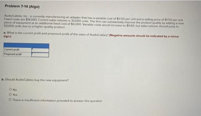 Problem 7-14 (Algo) Audio Cables, Inc. is