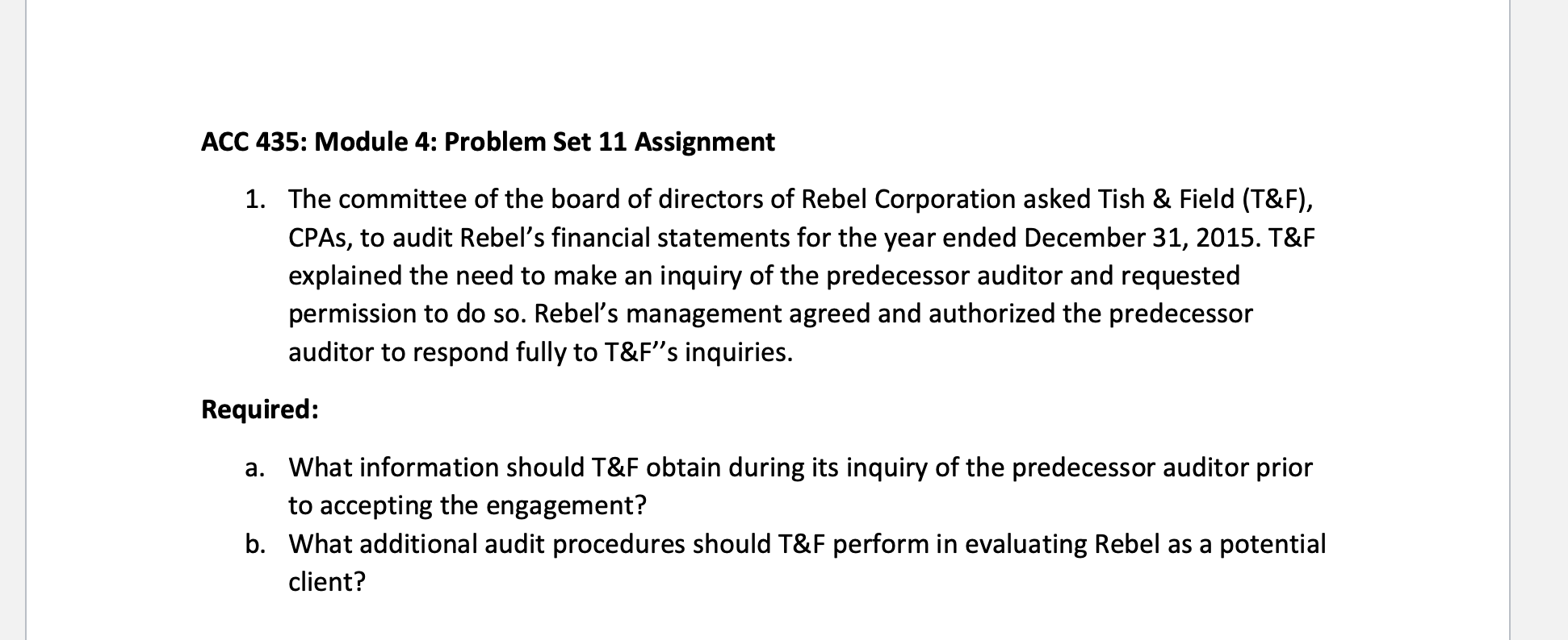 ACC 435: Module 4: Problem Set 11 Assignment 1.