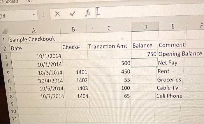 Clipboard 54 fx. I A B C D E F 1 Sample Checkbook