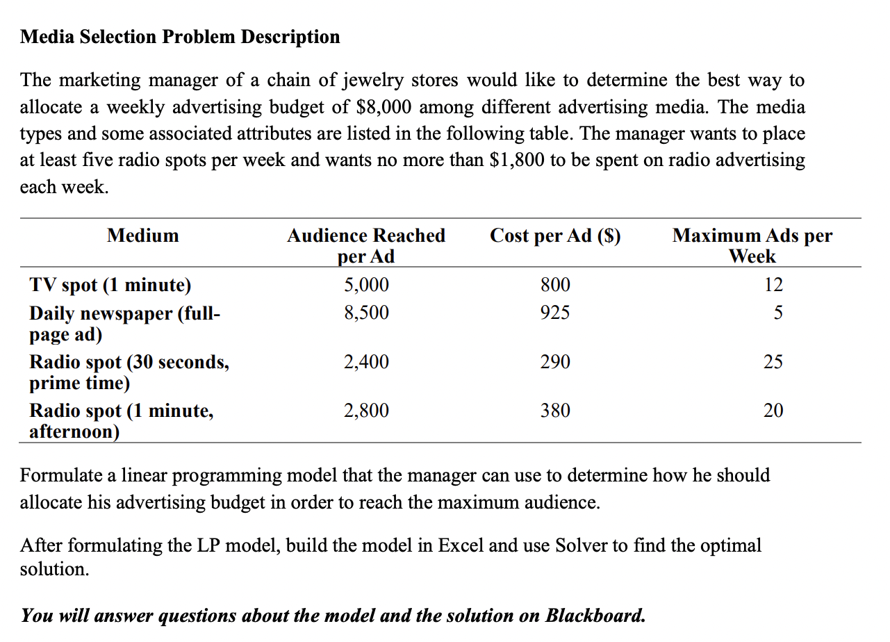 Media Selection Problem Description The marketing