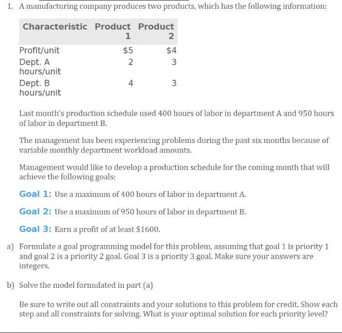 1. A manufacturing company produces two products,