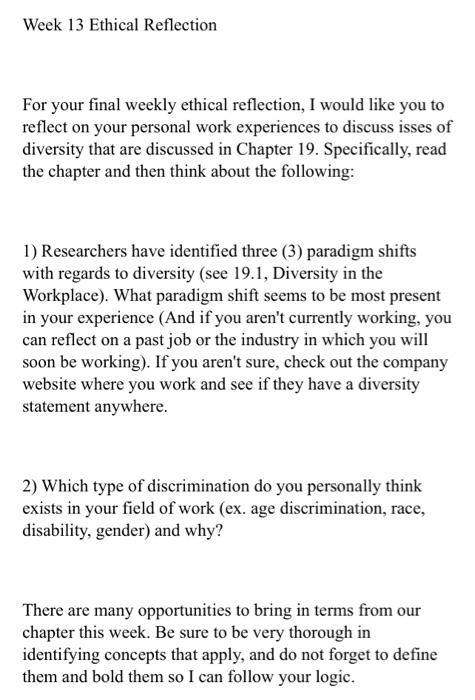 Week 13 Ethical Reflection For your final weekly