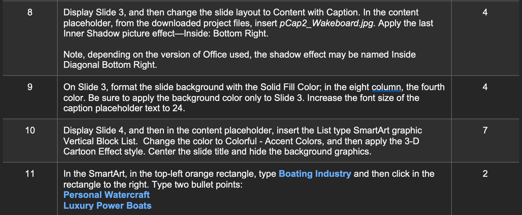 Steps to Perform: Step Instructions Points