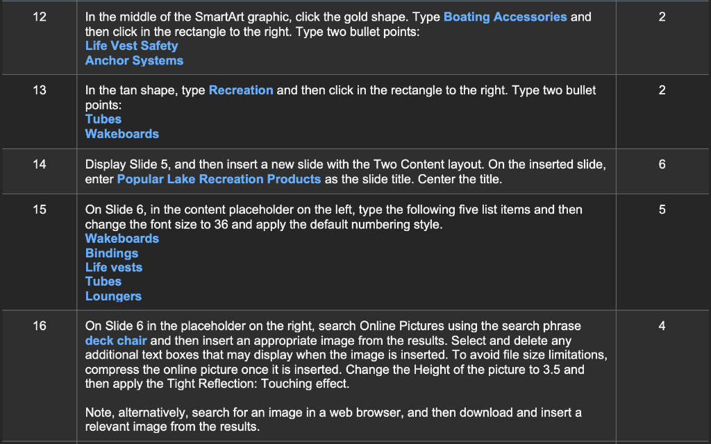 Steps to Perform: Step Instructions Points