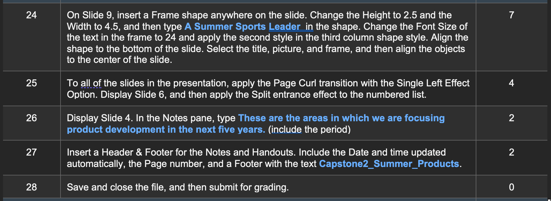Steps to Perform: Step Instructions Points