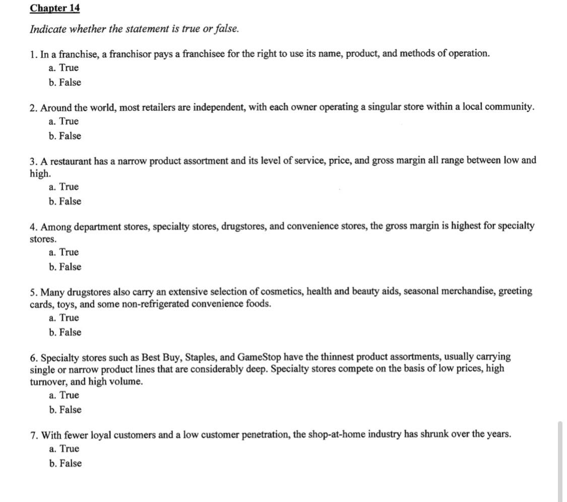Chapter 14 Indicate whether the statement is true