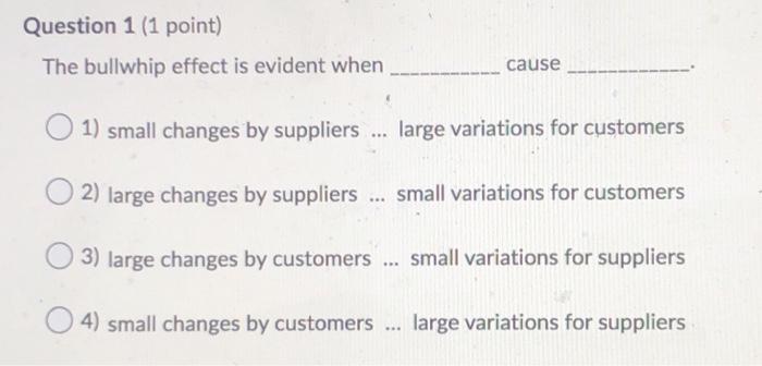 Question 1 (1 point) The bullwhip effect is