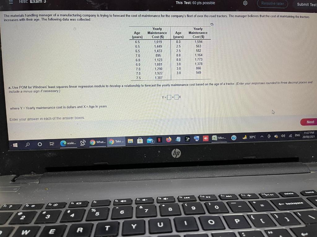 = Test: Exam 3 This Test: 60 pts possible Resume