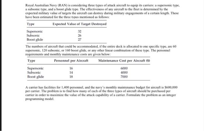 Royal Australian Navy (RAN) is considering three