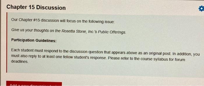 Chapter 15 Discussion Our Chapter #15 discussion