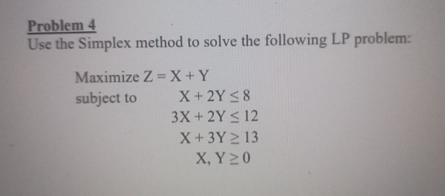 Problem 4 Use the Simplex method to solve the