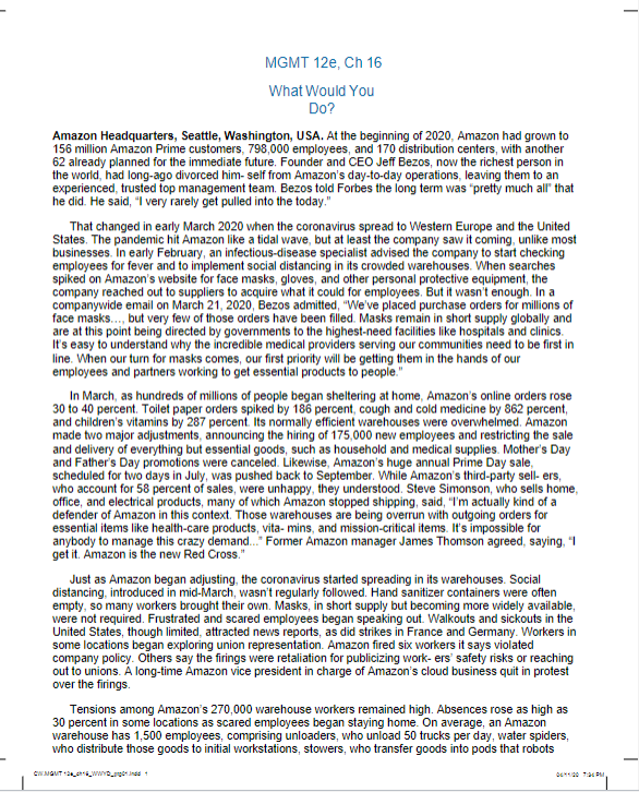 MGMT 12e, Ch 16 What Would You Do? Amazon
