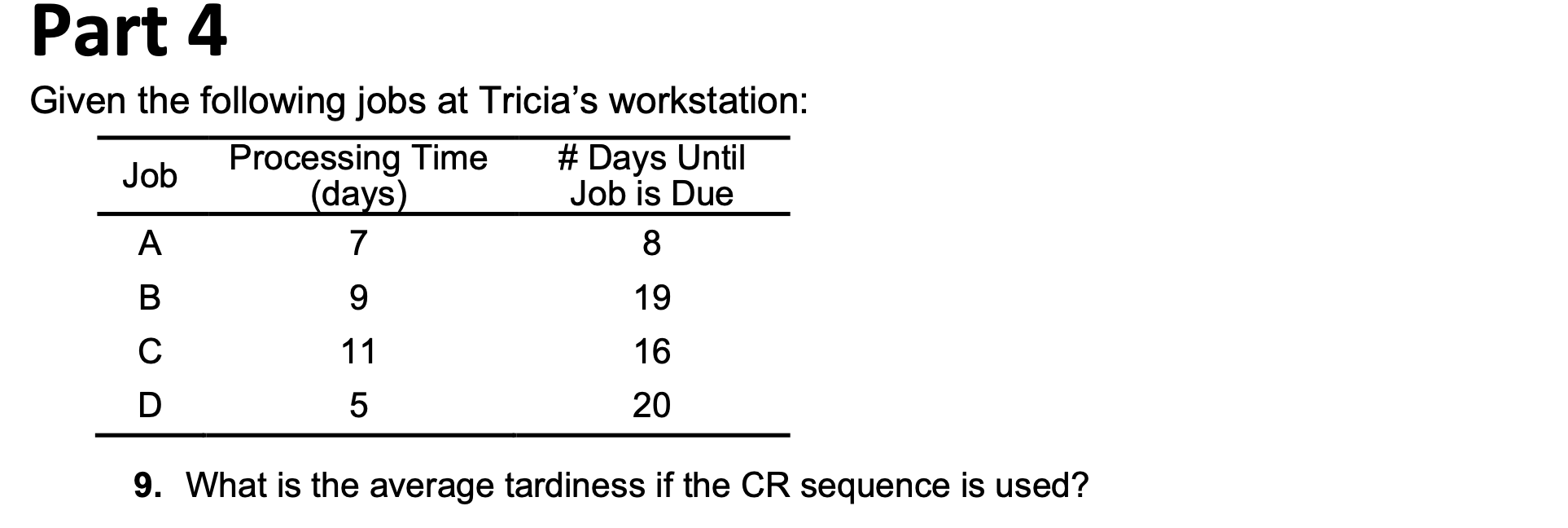 Part 4 Given the following jobs at Tricia's