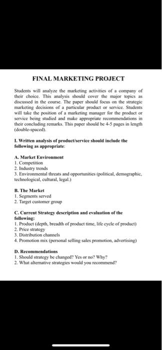 FINAL MARKETING PROJECT Students will analyze the