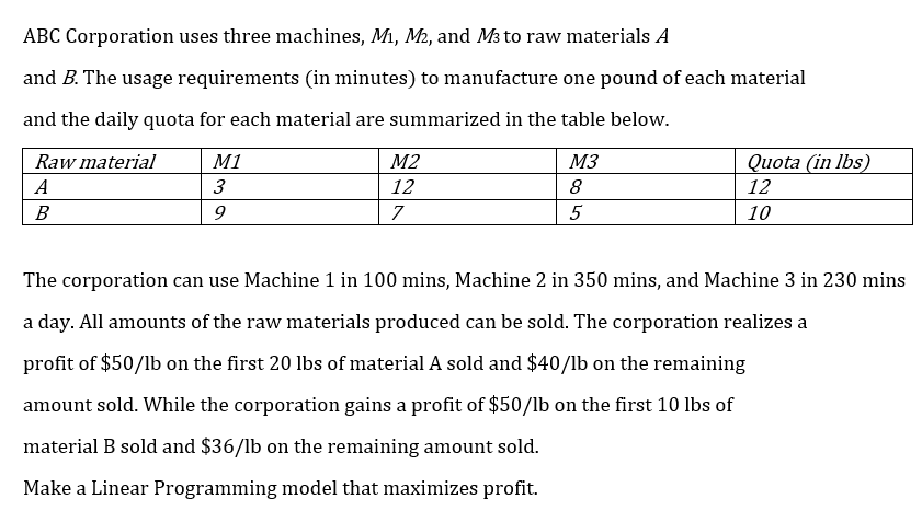 ABC Corporation uses three machines, M1, M2, and