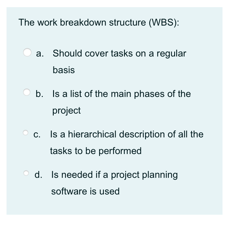 The work breakdown structure (WBS): a. Should