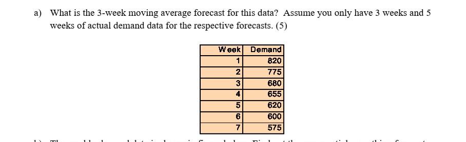 a) What is the 3-week moving average forecast for