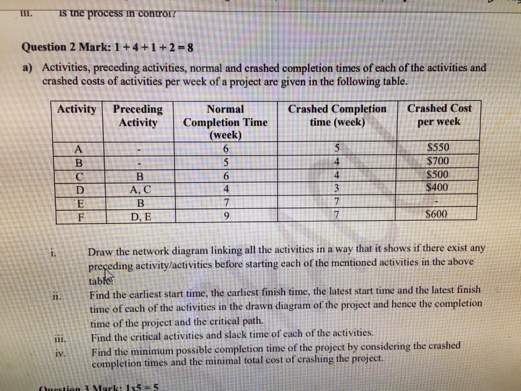 till. is the process in control Question 2 Mark: