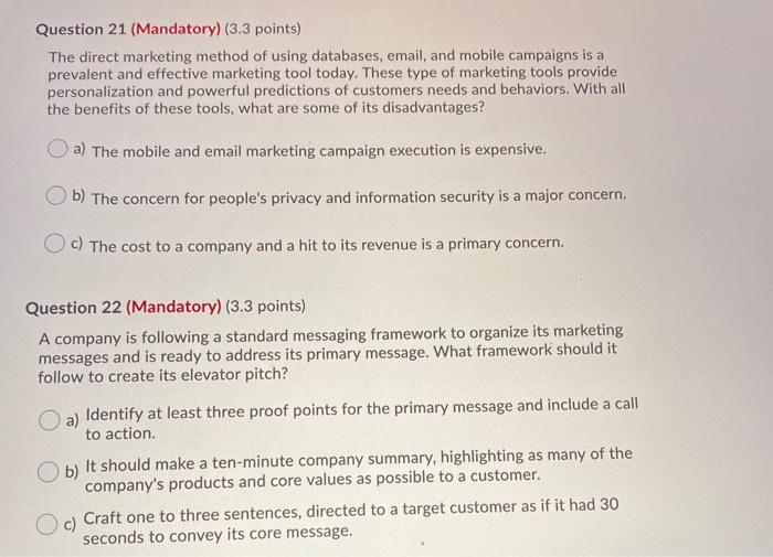 Question 21 (Mandatory) (3.3 points) The direct