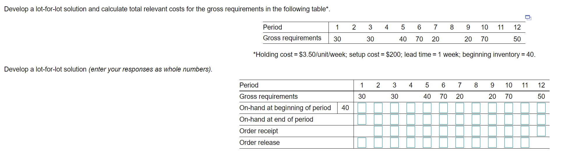 The total cost is: _______ Develop a lot-for-lot