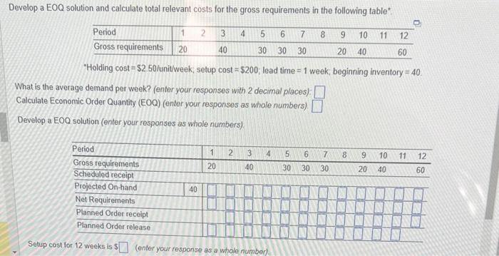 levelop a EOQ solution and calculate total