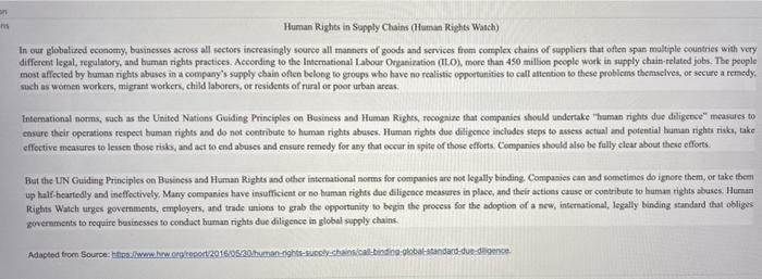 Human Rights in Supply Chains Human Rights Watch)