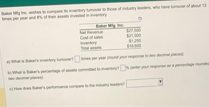 Baker Mfg Inc. wishes to compare its inventory