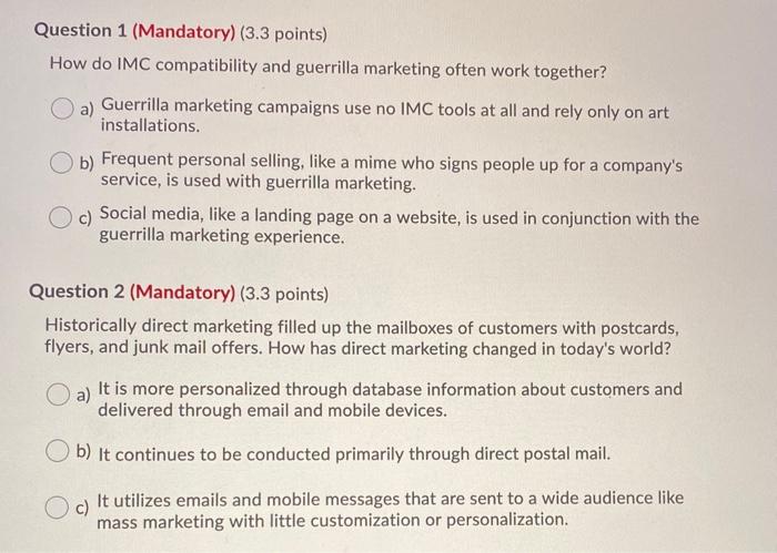 Question 1 (Mandatory) (3.3 points) How do IMC