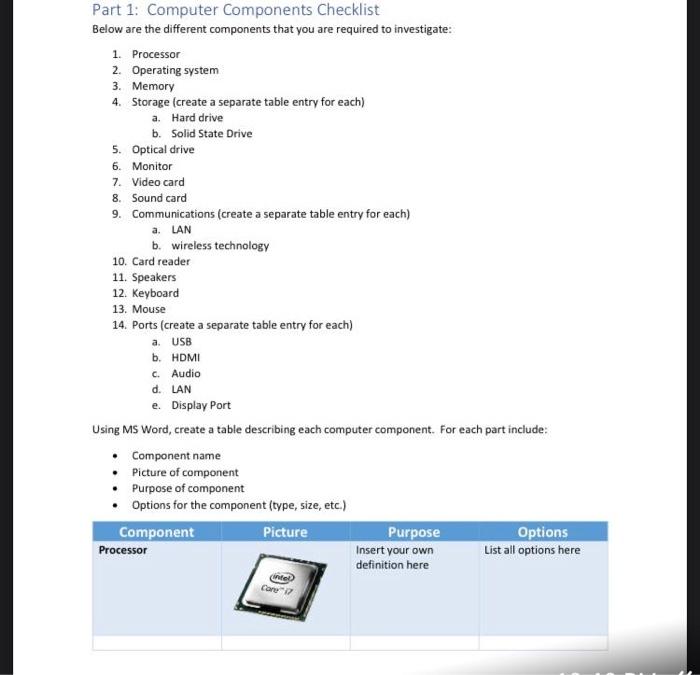Part 1: Computer Components Checklist Below are