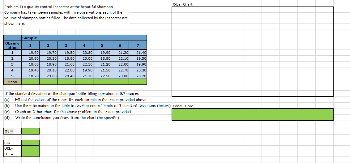 X-bar Chart: Problem 1) A quality control
