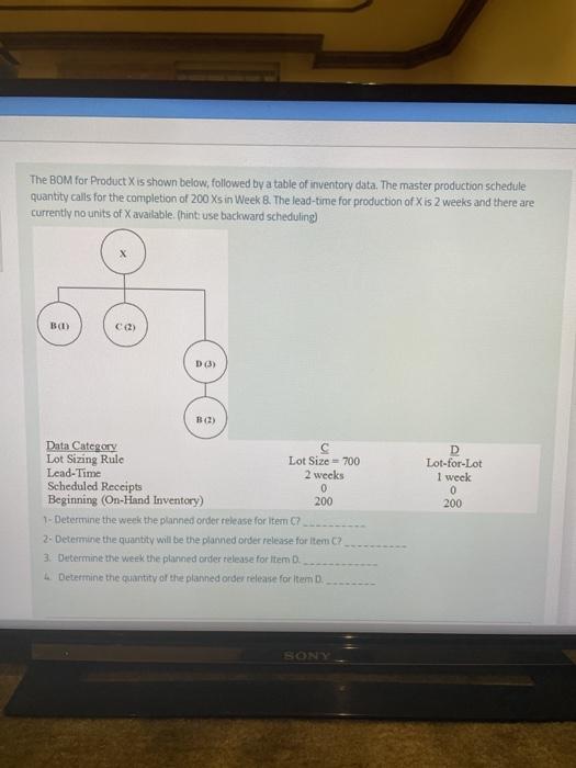 The BOM for Product X is shown below, followed by