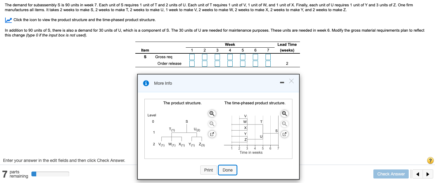The demand for subassembly S is 90 units in week