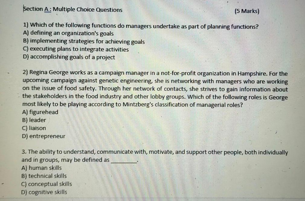 Section A : Multiple Choice Questions (5 Marks)